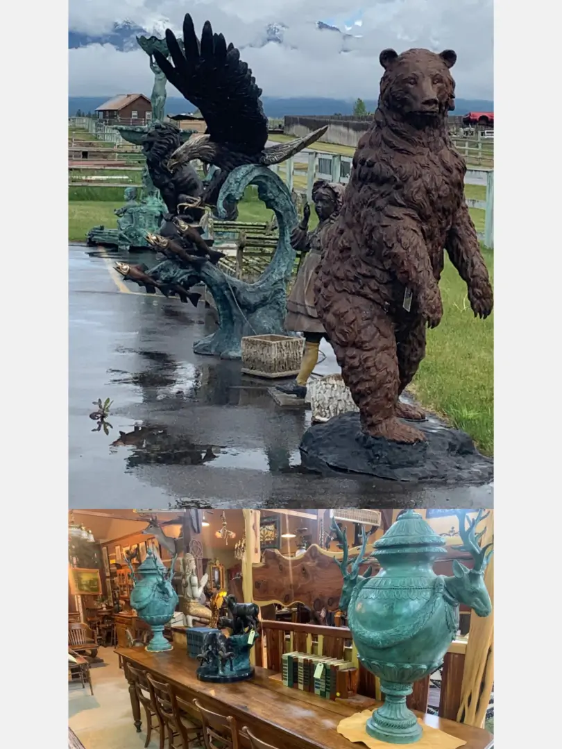 Bronze bear and eagle sculptures at Bigfork Antiques